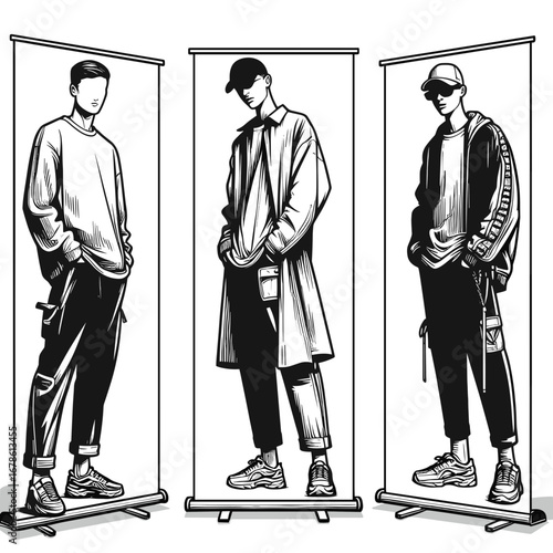 Three young men posing in stylish outfits on display banners  