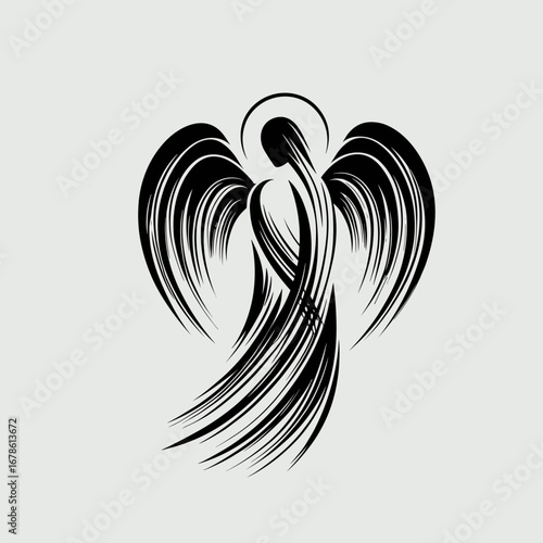 Abstract black angel silhouette with flowing wings and halo  