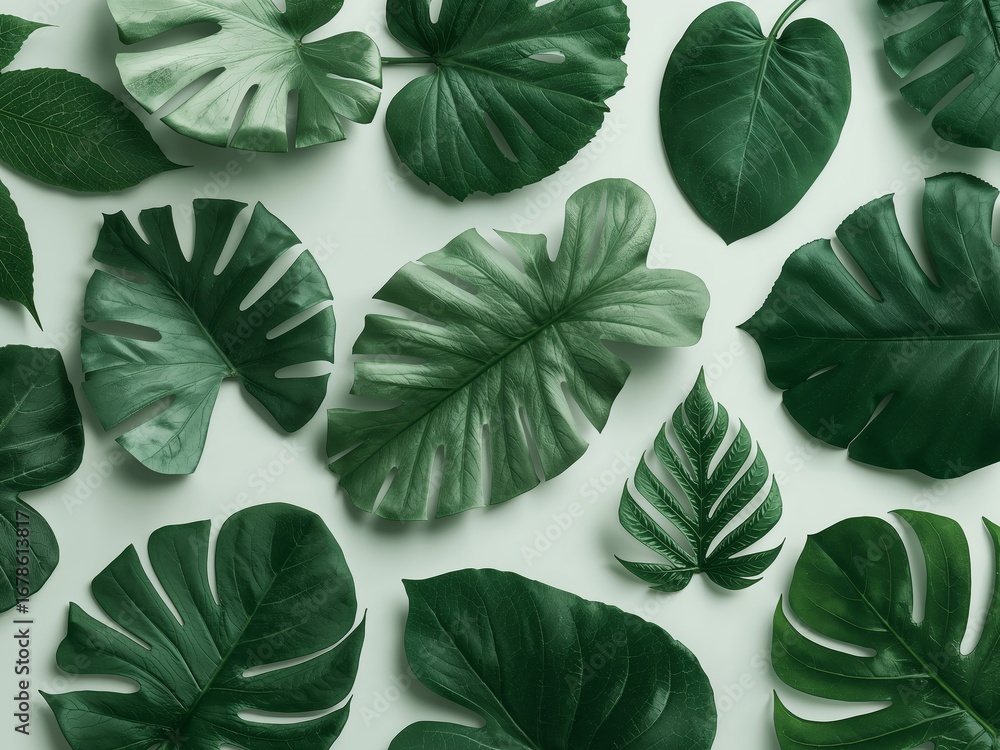 Fototapeta premium Tropical Monstera Leaves Arrangement on Pale Background, Minimalist Aesthetic.