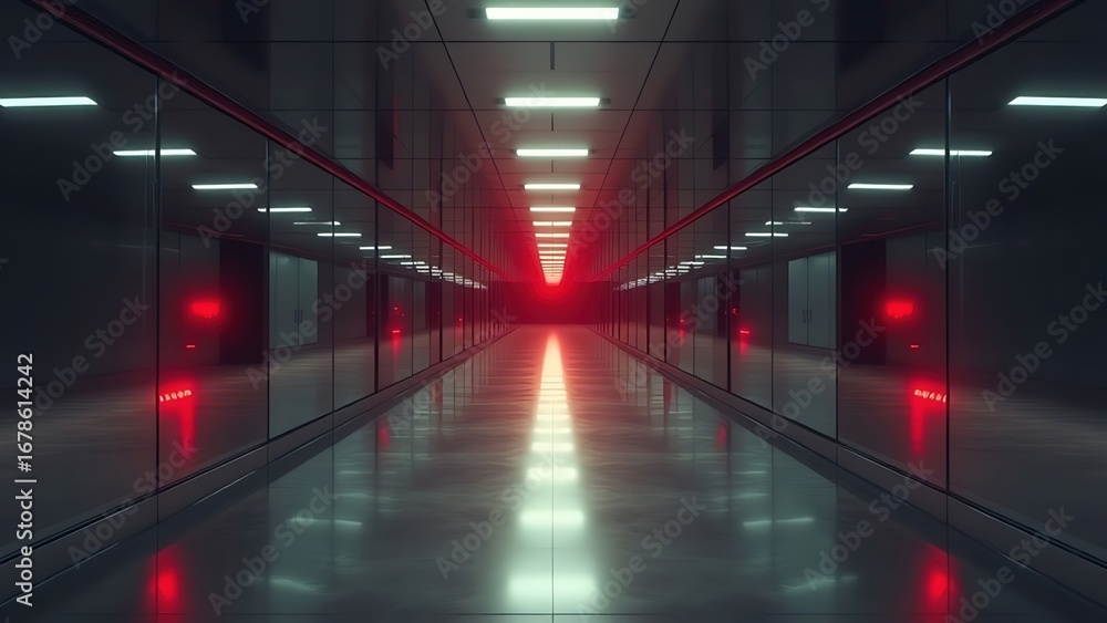 Fototapeta premium Infinite mirror corridor with ominous red warning lights flashing at the vanishing point.