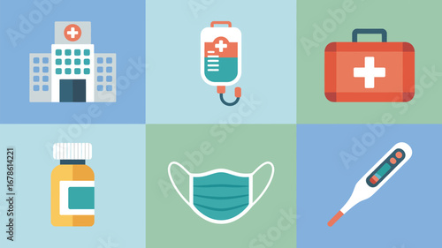 Illustration of hospital building, iv bag, first aid kit, medicine bottle, mask, and thermometer