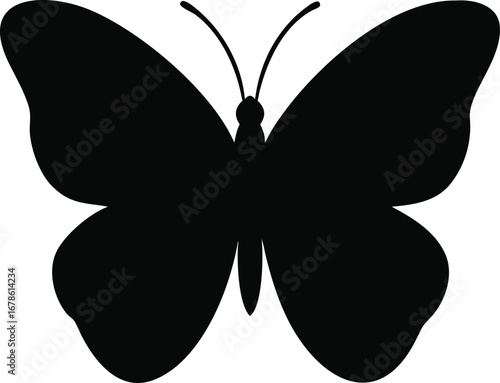 Bold black silhouette of a delicate butterfly with open wings symbolizing nature and transformation silhouette