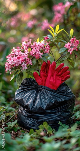 Gardening supplies in a black plastic bag, surrounded by pink flowers and greenery