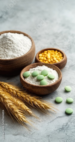 Wooden bowls of flour, pills, and yellow seeds with wheat