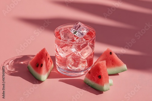 Refreshing watermelon drink in a glass with ice, on a pink background