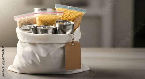 White donation bag filled with non perishable food items.