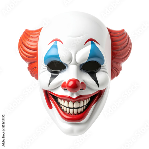 A classic clown mask with a wide menacing grin, white face, red nose, blue and black painted eyes, and red hair. Ideal for Halloween party invitations and seasonal graphics.