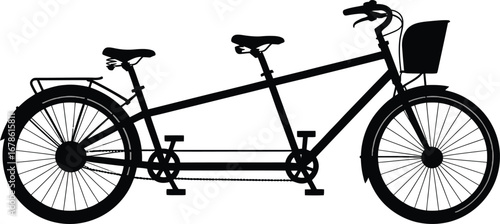 A black silhouette of a tandem bicycle with a basket attached to the front and two seats visible