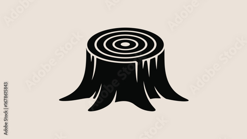 A black and white graphic of a tree stump with concentric circles on top against a light background