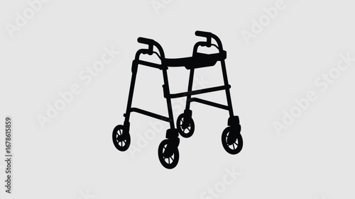 A silhouette of a wheeled walker with a seat and handles on a plain light gray background surface