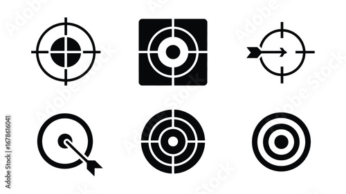 A collection of six black and white target icons with various designs on a white background plane
