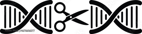 A black and white graphic of a pair of scissors cutting a dna strand in half on a white background