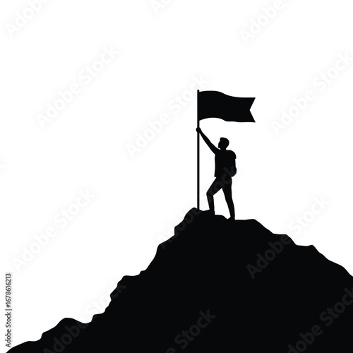 Silhouette Man Triumphant Peak Success Flag