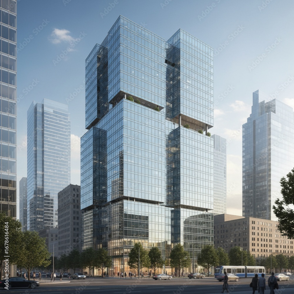 Fototapeta premium Modern glass wall commercial buildings exterior. 