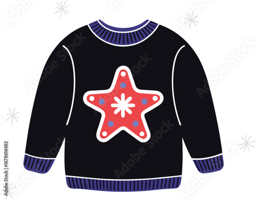 A dark blue christmas sweater with a red star for a festive and cozy holiday season
