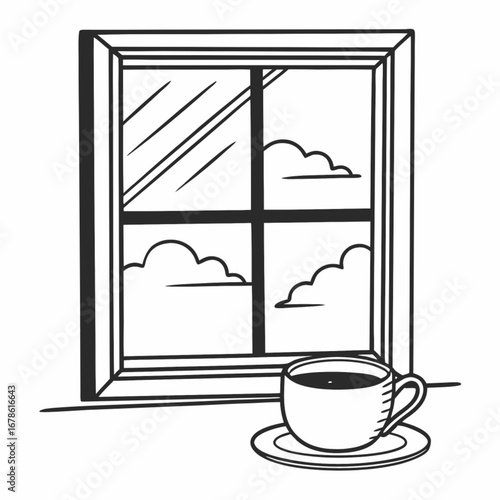 Minimilist a window view with clouds and a cup of coffee sitting on the windowsill in black and white style vector
