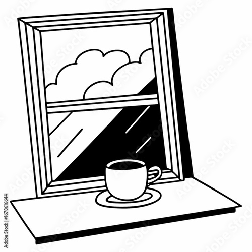 Minimilist a cup of coffee on a windowsill with a view of clouds through the window in black and white style vector