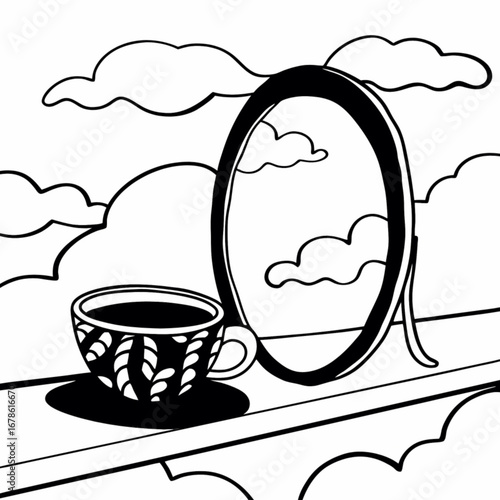 Minimilist coffee cup with leaf design and standing mirror reflecting clouds on a windowsill illustration vector