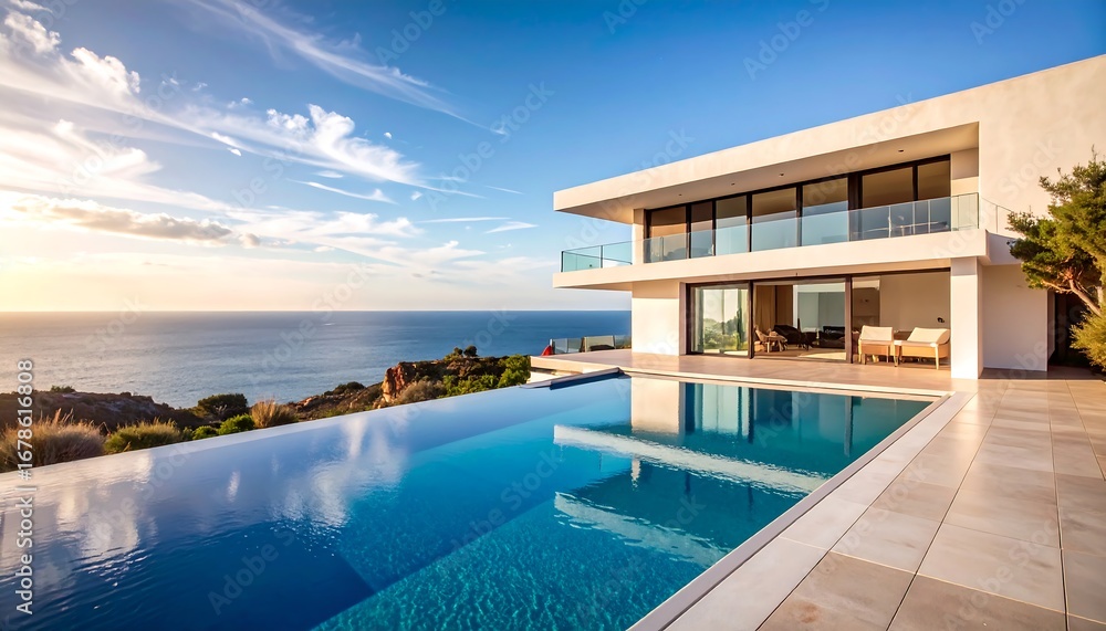 Fototapeta premium Modern house with infinity pool overlooking ocean