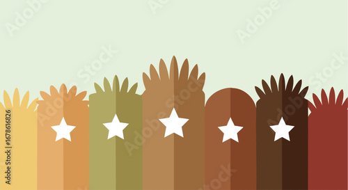 Diverse hands raised together, symbolizing unity and equality, adorned with stars.