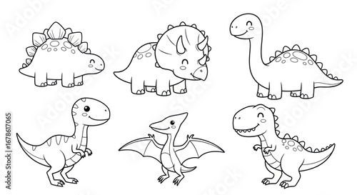 Cute cartoon dinosaurs ready for coloring books and educational resources for kids