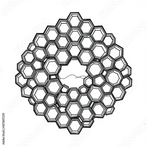 Minimilist complex hexagonal lattice structure forming a rounded shape with a central void and wavy line vector