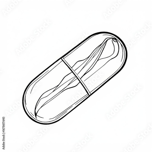 Minimilist single monochrome capsule with contents and a central band drawn in a sketch style image for medical use vector