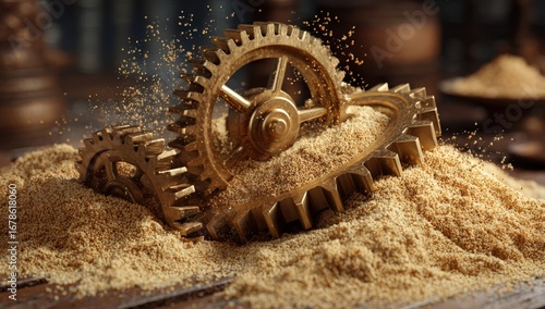 Golden gears amidst granular substance