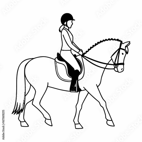 Minimilist line drawing of a woman riding a horse with a braided mane and tail in a side view outline style vector