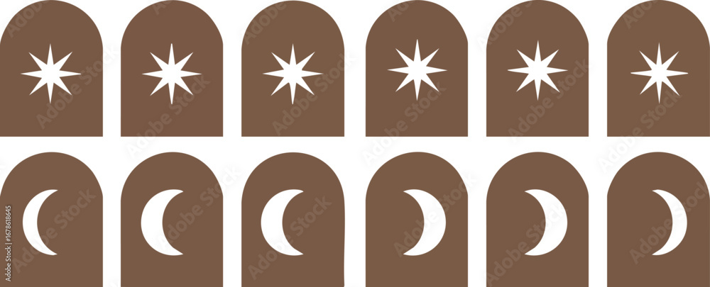 Obraz premium Boho arched windows showcase celestial stars and moons creating a serene, earthy atmosphere