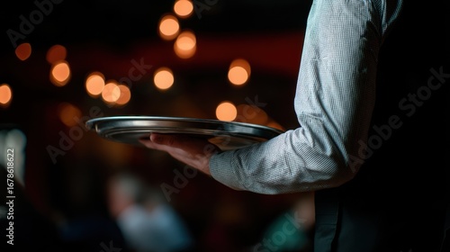 A waiter's arm in a light checkered shirt holds a metal serving tray in a dimly lit restaurant with warm bokeh lights,
