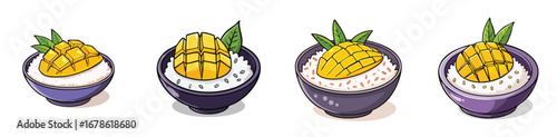 Mango Sticky Rice vector illustration set featuring detailed, colorful design elements.