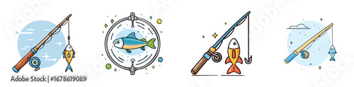 fishing vector illustration set featuring detailed, colorful design elements.