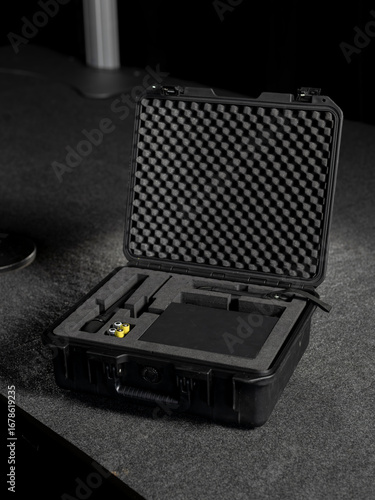 Open professional flight case showing foam padding and organized equipment storage compartments
