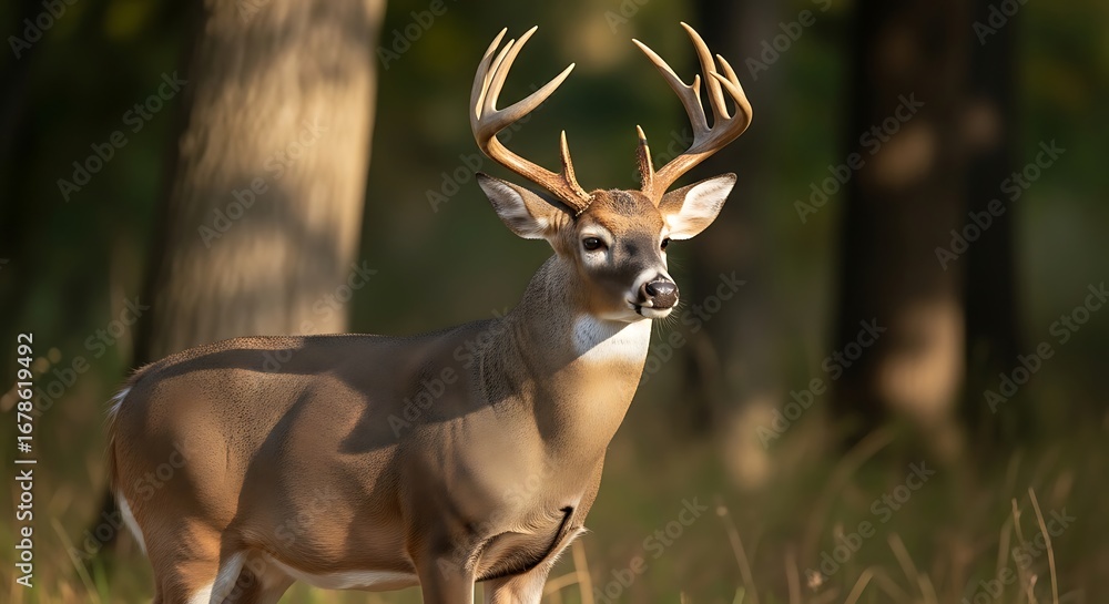 Fototapeta premium Majestic Deer with Large Antlers Standing in Forest During Daylight