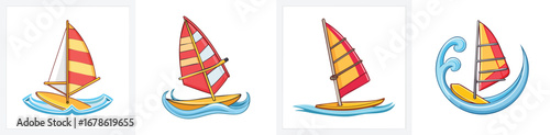 windsurfing vector illustration set featuring detailed, colorful design elements.