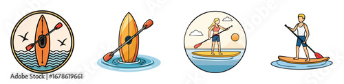 paddleboarding vector illustration set featuring detailed, colorful design elements.