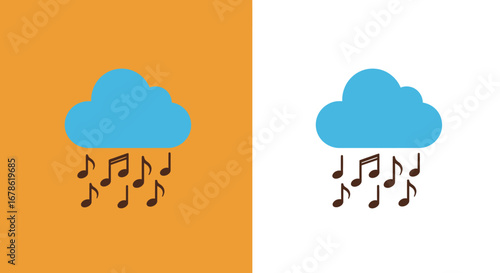 Blue cloud symbol raining musical notes on orange and white backgrounds representing music and sound