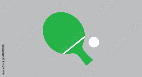 Green ping pong paddle and white ball on a gray background representing table tennis sport
