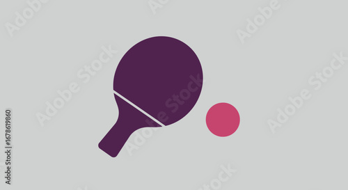 Simple modern flat design illustration of a purple ping pong paddle and pink ball on a grey background