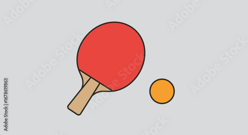 Simple illustration of a red ping pong paddle and an orange ball on a plain gray background
