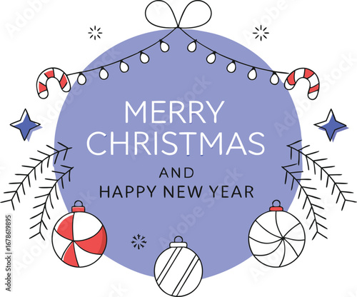 Merry christmas and happy new year greeting card with ornaments for holiday celebration