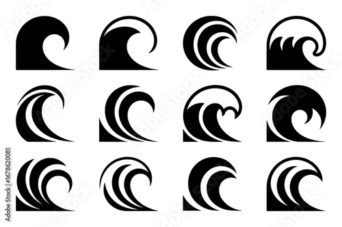 Collection of twelve stylized black wave icons on a white background