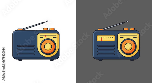 Retro portable radio with antenna and vintage design on contrasting white and dark backgrounds