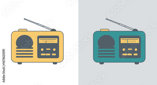 Retro portable transistor radio with antenna in yellow and teal colors