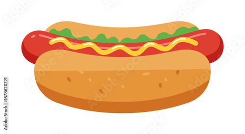 Deliciously illustrated hot dog with ketchup mustard and relish in a sesame seed bun