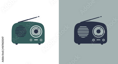 Two vintage retro radios side by side in different colors on contrasting backgrounds for a graphic design element