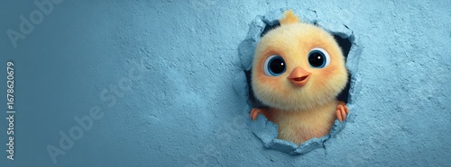 Cute chick peeking through a hole in a light blue textured wall
