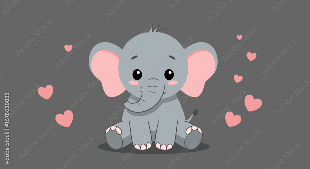 Obraz premium Adorable baby elephant with big ears and pink hearts floating around it on a grey background