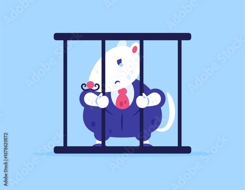 a concept of imprisoning corruptors. punishing criminals. punishment for corrupt officials. illustration of a rat being imprisoned for corruption. flat style design. blue background